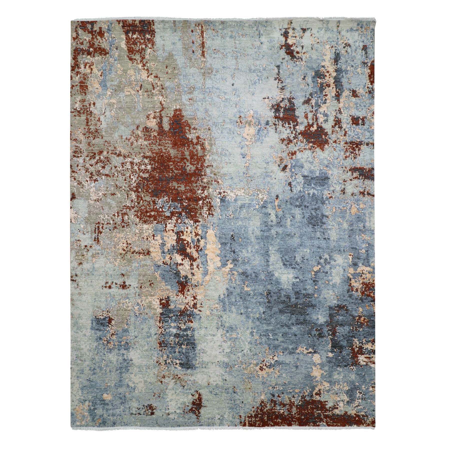 Flint Gray and Brick Red, Hand Knotted Natural Wool, Densely Woven, Abstract Design, Oriental Rug 